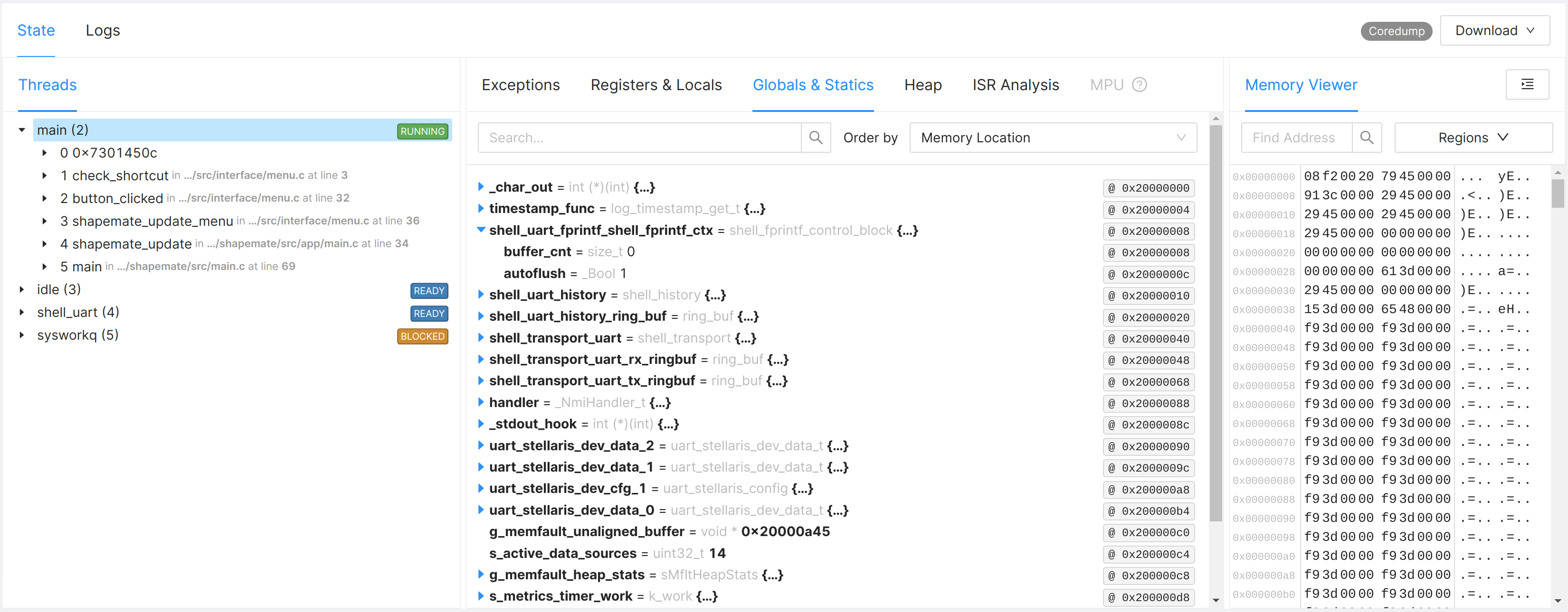 Memfault Issue 详情页：线程列表、寄存器与各类自动分析